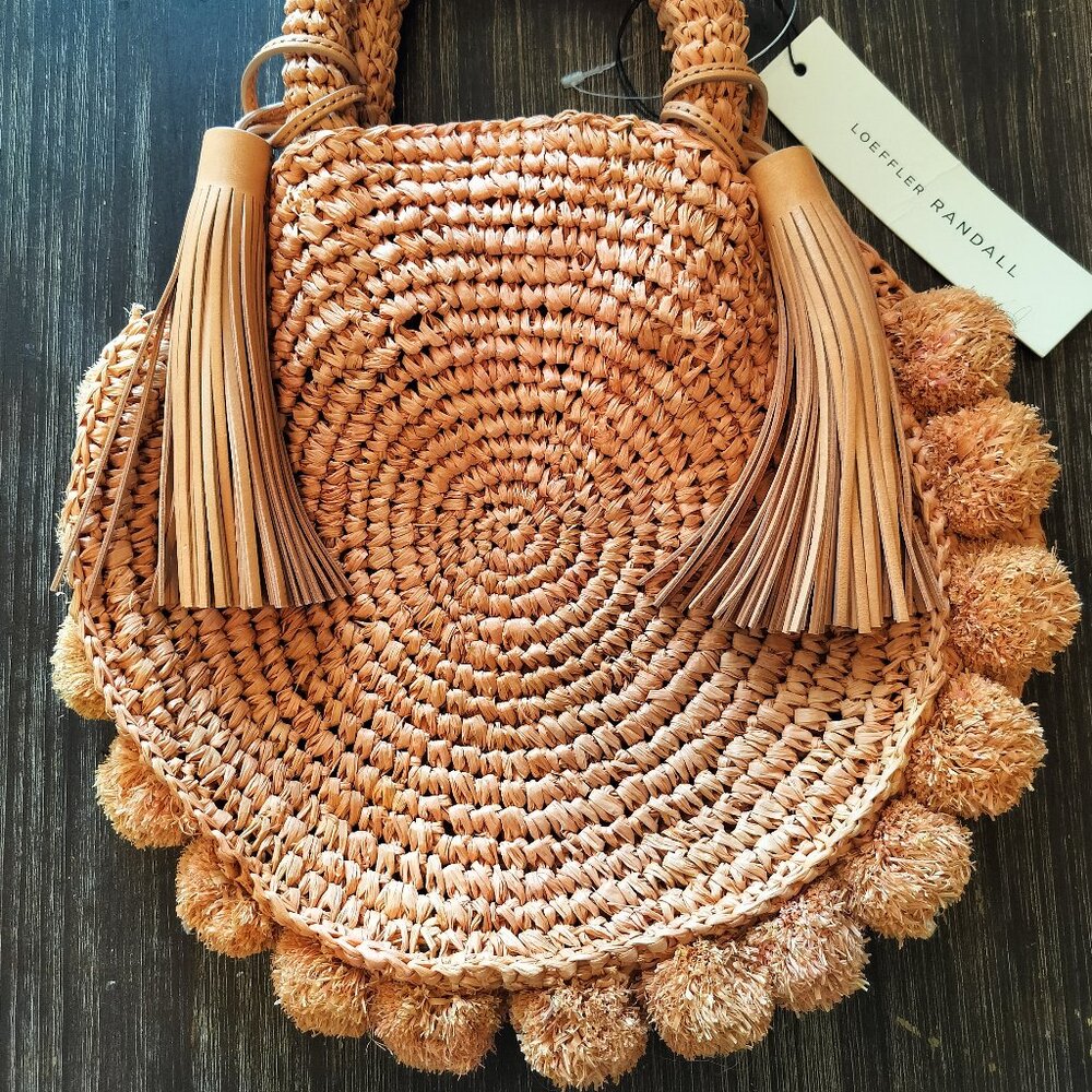 NWT Loeffler Randall Tan Woven Straw Circle Tote with Tassels - Picture 2 of 3